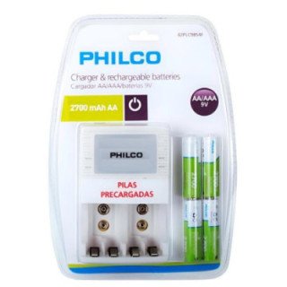 Cargador De Pilas + 4 Pilas AA 2700 mAh Pre Cargadas Philco
