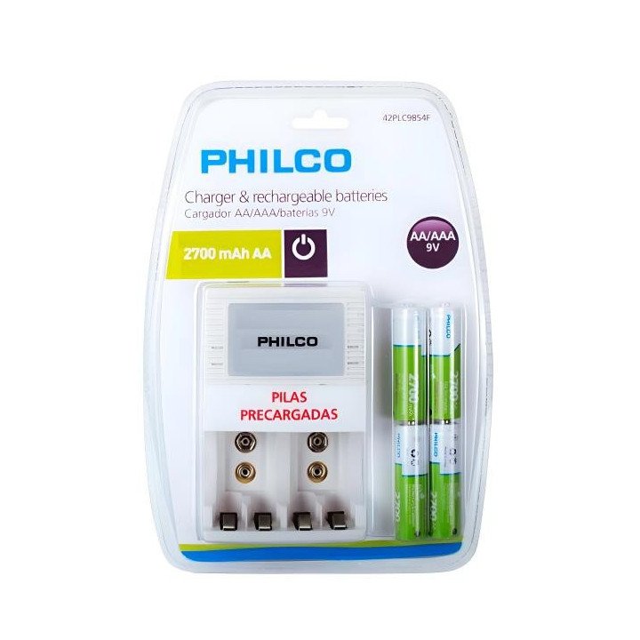 Cargador De Pilas + 4 Pilas AA 2700 mAh Pre Cargadas Philco