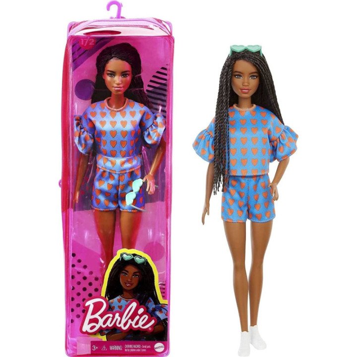 Muñeca Barbie Fashionistas top y pantalones cortos a juego con estampado de corazones y peinado retorcido