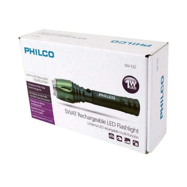 Linterna Recargable 1W C/Zoom Resistente a lluvia Philco