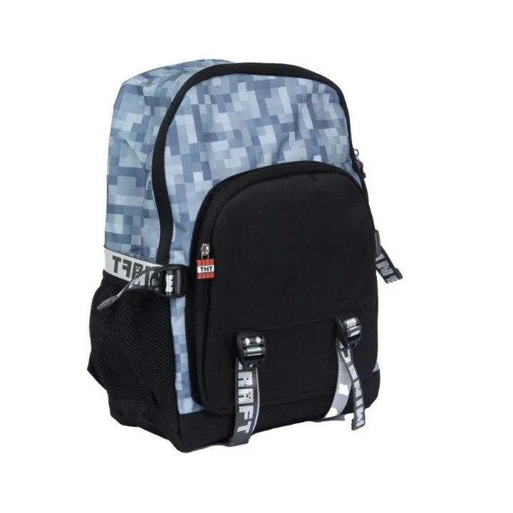 MOCHILA MINECRAFT GRIS Y NEGRO CON USB