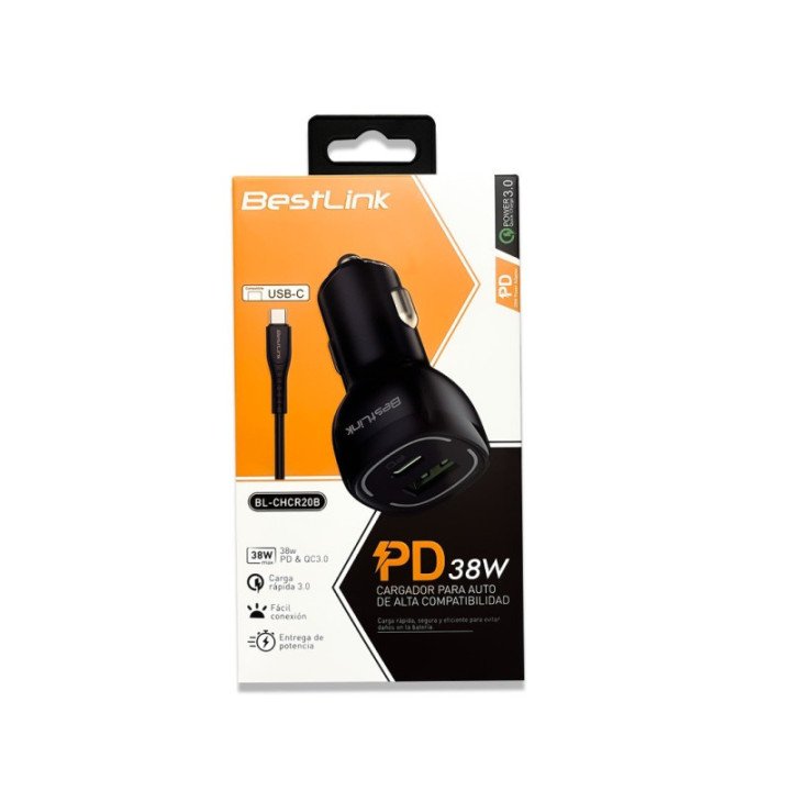Cargador de auto QC+PD20W c/cable USB C color negro / Mod. BL-CHCR20B