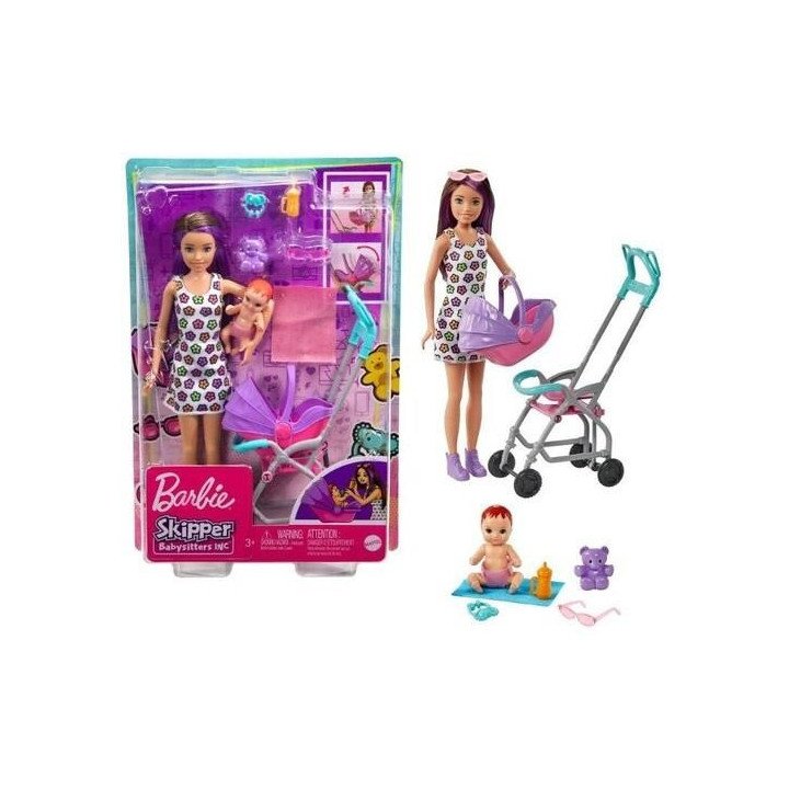 Barbie - Skipper Stroller Playset Brunette And Purple Hair